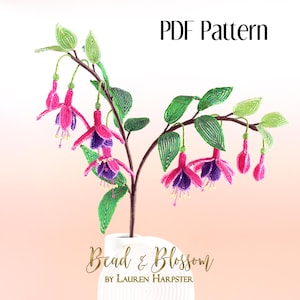 May include: PDF pattern for a beaded fuchsia flower bouquet. The bouquet is made with pink, purple, and green beads and is arranged in a vase. The pattern is titled "Bead & Blossom by Lauren Harpster".