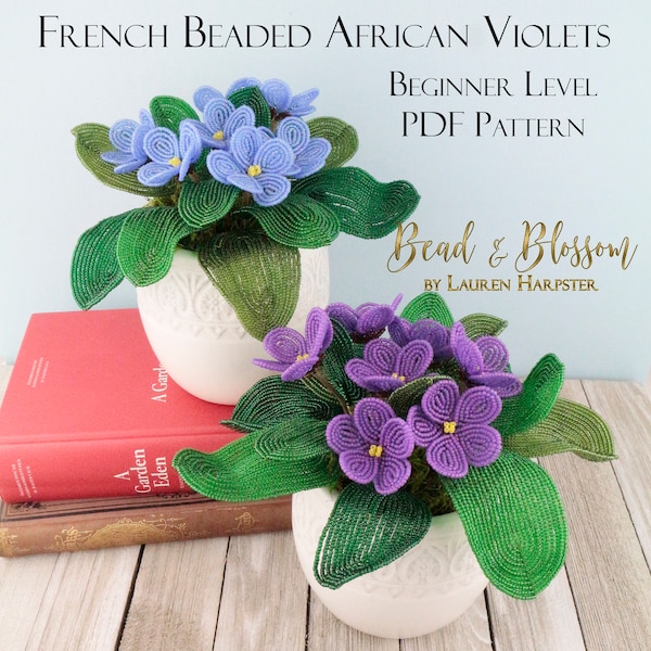 French Beaded African Violets Pattern - BEGINNER - wire wrapping + seed beads flower (PDF Pattern)
