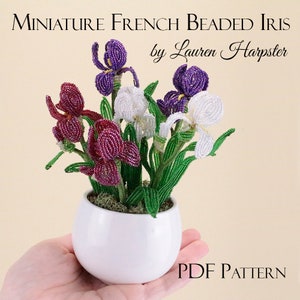 Może przedstawiać: Miniaturowa aranżacja irysów z koralików w białej ceramicznej doniczce. Kwiaty są w odcieniach fioletu, bordowego i bieli, z zielonymi łodygami i liśćmi. Tekst "MINIATURE FRENCH BEADED IRIS by Lauren Harpster" znajduje się u góry, a "PDF PATTERN" na dole.