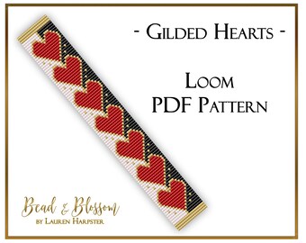 PDF Bead Loom Pattern - Gilded Hearts by Lauren Harpster, seed bead bracelet pattern, beaded heart Valentine's Day jewelry