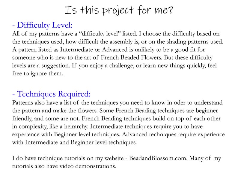 May include: Text on a white background with the title "Is this project for me?" and two sections: "Difficulty Level" and "Techniques Required". The text explains how to determine the difficulty level of a project and the techniques required to complete it.