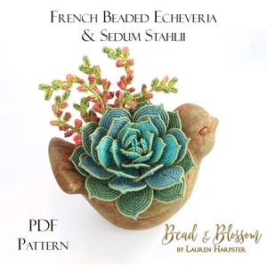 May include: A beaded succulent plant in a bird-shaped pot. The succulent is a light blue and green color and has a pink and green beaded stem. The text "French Beaded Echeveria & Sedum Stahlii" is at the top of the image. The text "PDF Pattern" is at the bottom left of the image. The text "Bead & Blossom by Lauren Harpster" is at the bottom right of the image.