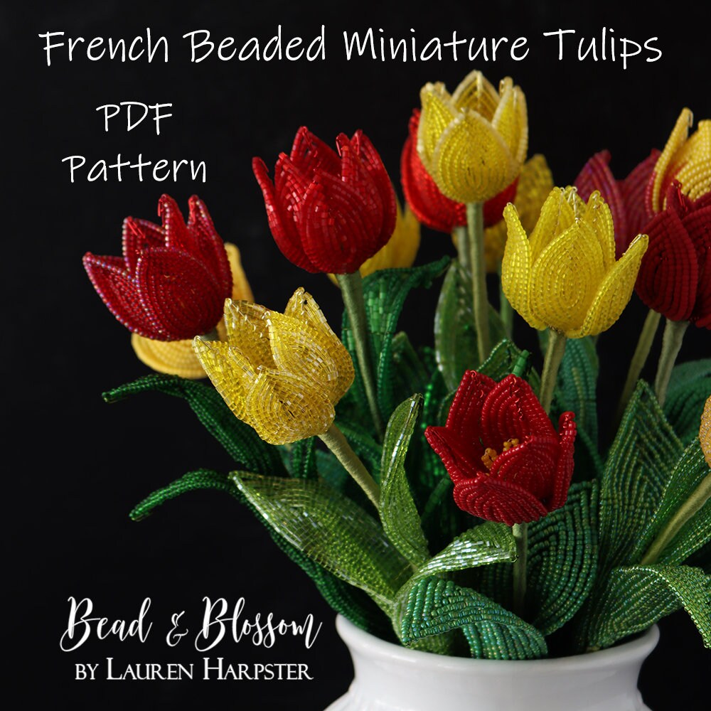French Beaded Miniature Tulips Pattern - INTERMEDIATE - wire wrapping + seed beads flower (PDF Pattern)