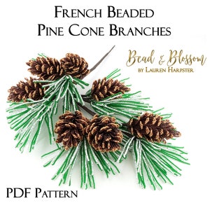 Può includere: Un modello PDF per rami di pigne perlate, con un primo piano dei rami con pigne marroni e dorate. Il modello è intitolato "French Beaded Pine Cone Branches" ed è di "Bead & Blossom by Lauren Harpster".