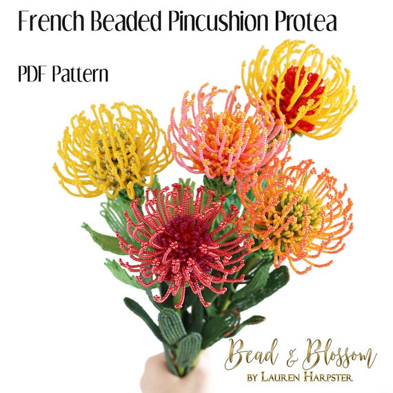 French Beaded Pincushion Protea Pattern - INTERMEDIATE - wire wrapping with seed beads flower (PDF Pattern)