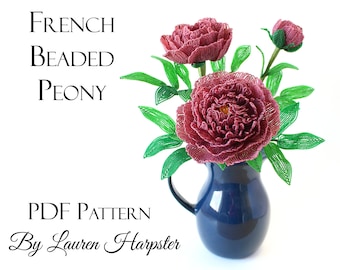 PDF PATTERN - French Beaded Peony Flowers, DIY Beading Project, Bead and Blossom, seed bead floral crafts, wire wrapping