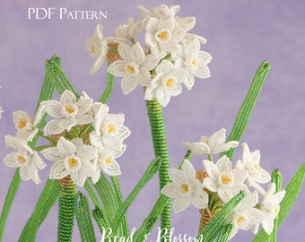 French Beaded Paperwhite Pattern - ADVANCED - wire wrapping + seed beads flower project (PDF Pattern)