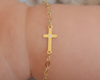 14k Solid Gold Diamond Baby Bracelet With Cross Charm / Toddler Child Bracelet for Kids / Protection Bracelet / Baby Shower Gift /Baptize