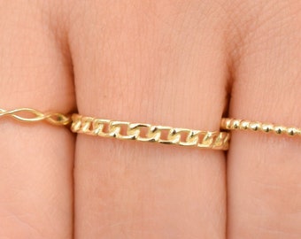 14k Solid Gold Cuban Chain Ring, Minimalist Link Chain Ring, Stacking Ring Women, Curb Chain Wedding Band, Simple Layering Ring
