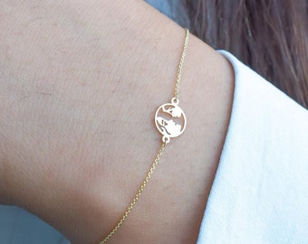 14k Solid Gold Mother Child Bracelet: Minimalist Pendant, Adjustable Chain