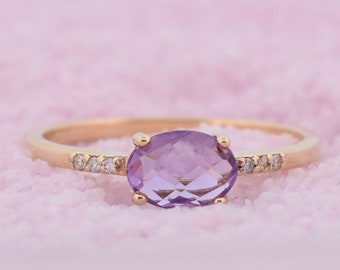 0.75ct 14k Solid Gold Diamond Amethyst Ring, Engagement Ring, Natural Topaz Ring, Solitaire Oval Ring,Promise Ring, Amethyst, Rose Quartz