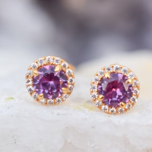 1.5 ctw 18k Gold Alexandrite Earrings, Multicolor Earrings, Halo Earrings, Wedding Earrings,Lab Alexandrite, Purple Earrings,Bridal Earrings