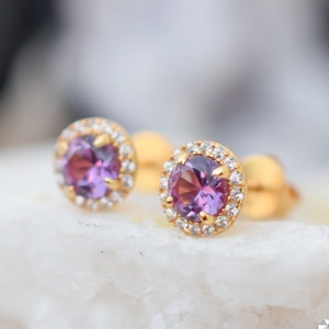 18k Gold Alexandrite Earrings, June Birthstone, Multicolor Earrings,Halo Earrings, Wedding Earrings,Lab Alexandrite, Purple Earrings