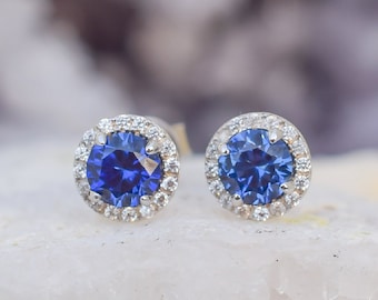 Blue Sapphire Halo Moissanite Earrings September Birthstone Earrings Tiny Genuine Oval Sapphire Studs Earrings Halo Earrings Bridal Earrings
