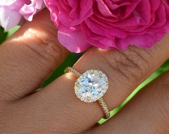 1.5 ct Yellow Gold Oval Ring, Halo Ring, Engagement Ring, Wedding Ring, Oval Ring,Promise Ring, Silver Ring, Man Made Diamond Ring