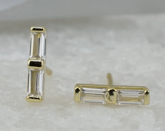 0.7ct Gold Double Baguette Studs, Dainty Earrings, Small Studs, Baguette Earrings, Minimalist Earrings Everyday Studs, Tiny Baguette Studs