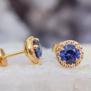 18k Gold Sapphire Earrings, September Birthstone, Blue Stud Earrings,Halo Earrings,Wedding Earrings,Lab Sapphires,Bridal Earring