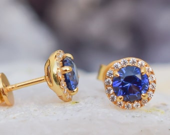 18k Gold Sapphire Earrings, September Birthstone, Blue Stud Earrings,Halo Earrings,Wedding Earrings,Lab Sapphires,Bridal Earring