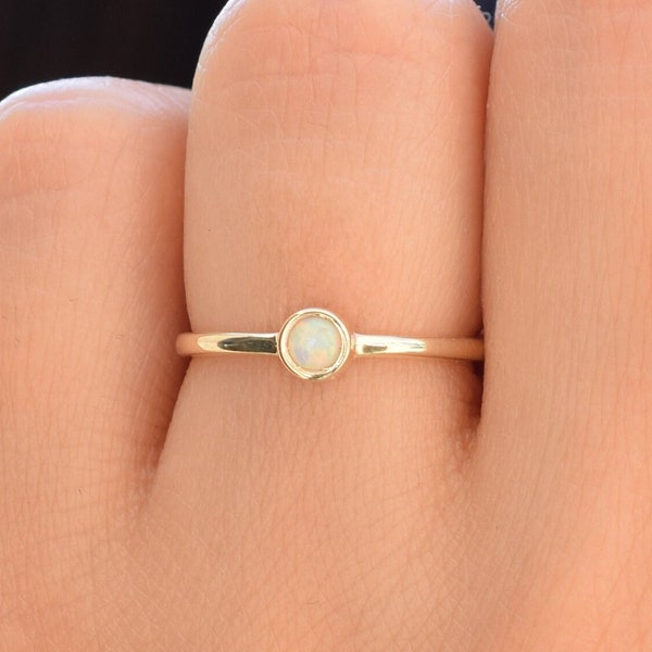 14k Solid Gold Opal Birthstone Ring, Thin Stacking Ring, Engagement Ring, Promise Ring, Solitaire Ring, Tiny Ring, Delicate Ring