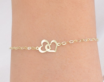 Double Heart Bracelet in 14k Solid Gold / Two Heart Bracelet / Charm Heart Bracelet / Dainty Bracelet Women / Gift for Her / Mother's Gift