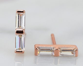 0.7ct Rose Gold Double Baguette Studs, Dainty Earrings, Small Studs,Baguette Earrings,Minimalist Earrings Everyday Studs,Tiny Baguette Studs