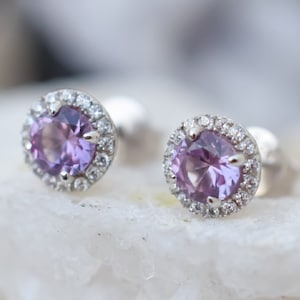 1.5 ctw Alexandrite Halo Earrings,Multicolor Earrings,June birthstone,Wedding Earrings,Lab Grown Alexandrite,Purple Earrings,Bridal Earrings