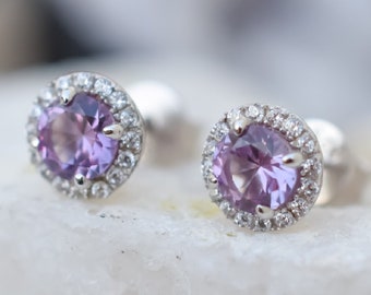 1.5 ctw Alexandrite Halo Earrings,Multicolor Earrings,June birthstone,Wedding Earrings,Lab Grown Alexandrite,Purple Earrings,Bridal Earrings