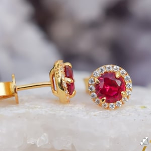18k Gold Ruby Earrings, Red Stud Earrings, Wedding Earrings, Bridal Earrings, Diamond Earrings, Birthstone Earrings, Men's Earrings