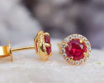 Pendientes de rubí en oro de 18 quilates, pendientes rojos, pendientes de boda, pendientes de novia, pendientes de diamantes, pendientes con piedra de nacimiento, pendientes para hombre