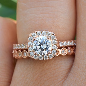 1.1ct Juego de anillo cuadrado de oro rosa, conjunto de anillo nupcial, anillo de compromiso, anillo de promesa, anillo de bodas, banda hexagonal, banda de anillo de nido de abeja, anillo de apilamiento
