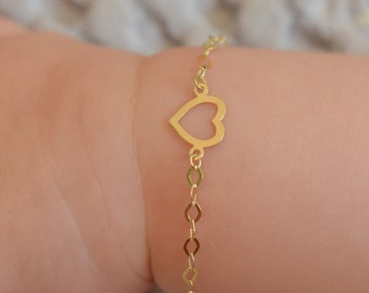 14k Solid Gold Baby Bracelet Heart Charm / Adjustable Toddler Child Bracelet for Kids / Children Heart Pendant / Baby Shower Gifts