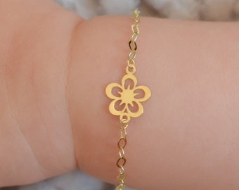 14k Solid Gold Baby Bracelet With Flower Charm / Adjustable Toddler Child Bracelet for Kids / Flower Pendant / Baby Shower Gifts / Baptize