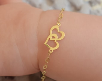 14k Solid Gold Baby Bracelet With Double Heart Charm / Adjustable Toddler Child Bracelet for Kids / Baby Shower Gifts / Baptize Gift