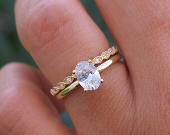 1 ct Gold Oval Ring Set, Engagement Ring Set, Wedding Ring Set, Oval Ring, Ring Set,Promise Ring,Stacking Ring,Art Deco Ring,Oval Ring Set