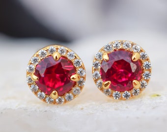 14k Solid Gold Ruby Earrings, Red Stud Earrings, Halo Earrings, Wedding Earrings, Lab Grown Ruby, Bridal Earrings, Diamond Earrings