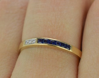 18k Vintage massief goud saffier diamanten band, saffier trouwring, vierkante saffier ring, verlovingsband, natuurlijke saffier ring, art deco band