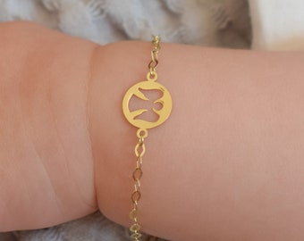 14k Solid Gold Baby Bracelet With Angel Charm / Adjustable Toddler Child Bracelet for Kids / Protection Bracelet / Baby Shower Gifts