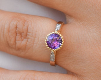 1.3ct 14k Solid Gold Diamond Amethyst Ring, Engagement Ring, Natural Amethyst Ring, Solitaire Ring, Promise Ring, Natural Stone Ring