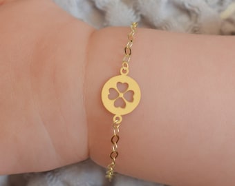 14k Solid Gold Baby Bracelet With Clover Charm / Adjustable Toddler Child Bracelet for Kid / Four Leaf Clover Pendant / Baby Shower Gifts