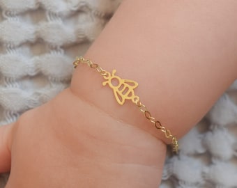 14k Solid Gold Baby Bracelet With Bee Charm / Adjustable Toddler Child Bracelet for Kids / Gifts for Baby / Baby Shower Gifts / Baptize Gift