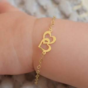 14k Solid Gold Baby Armband mit Doppel Herz Anhänger / verstellbares Kleinkind Kind Armband für Kinder / Babyparty Geschenke / Taufgeschenk