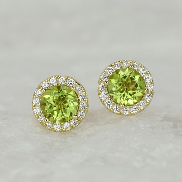 1.5ct 18k Gold Natural Peridot Earrings, Green Stud Earrings, Anniversary Earrings,Halo stud,Wedding Earrings,Bridal Earrings,Green Gemstone