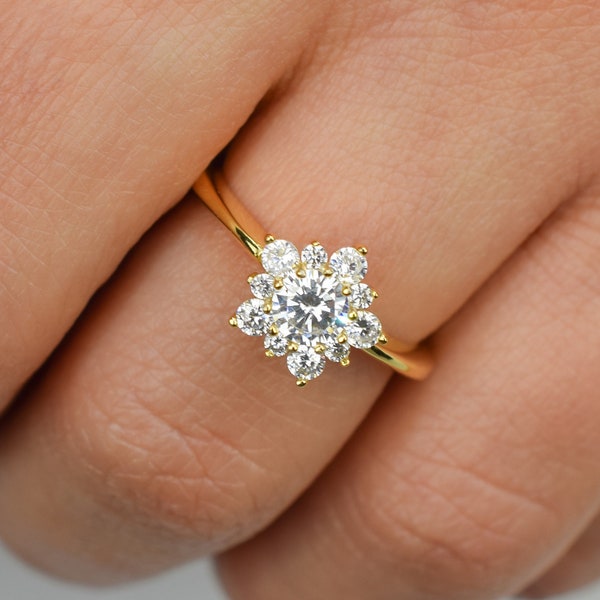 Bague grappe en or 0,75 ct, bague de promesse, bague fleur, bague de fiançailles, alliance, bague de mariée, bijoux fleurs, bague solitaire