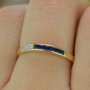 Banda de diamantes de zafiro de oro macizo vintage de 18 k, banda de boda de zafiro, anillo de zafiro cuadrado, banda de compromiso, anillo de zafiro natural, banda Art Déco