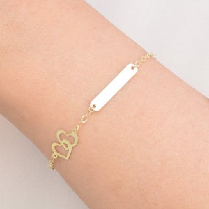 Custom ID Bracelet 14k Solid Gold Heart Charm / Name Engraving Bracelet / Personalized Bar Bracelet / Custom Bar Bracelet / Mother&#39;s Gift