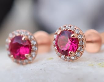 1.5 ct 18k Rose Gold Ruby Earrings, July Birthstone, Red Stud Earrings, Ruby Halo Earrings, Wedding Earrings, Bridal Earrings, Ruby Studs