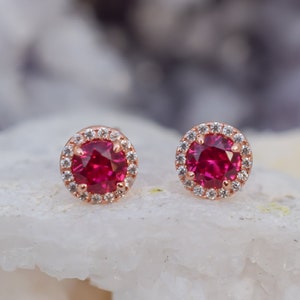 1.5 ct Rose Gold Ruby Earrings, Red Stud Earrings, Ruby Halo Earrings, Wedding Earrings,Bridal Earrings, Men&#39;s Earrings