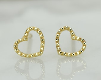 14k Gold Small Dot Heart Earrings, Gold Heart Earrings, Delicate Heart Earrings, Heart Studs, Tiny Gold Studs, Gold Heart, Open Heart Studs