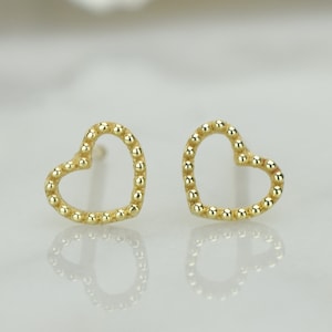 14k Gold Small Dot Heart Earrings, Gold Heart Earrings, Delicate Heart Earrings, Heart Studs, Tiny Gold Studs, Gold Heart, Open Heart Studs