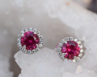 1.5 ctw Ruby Halo Earrings, Red Stud Earrings,Halo Earrings, Wedding Earrings,Lab Grown Ruby, Ruby Wedding gift,Bridal Earrings